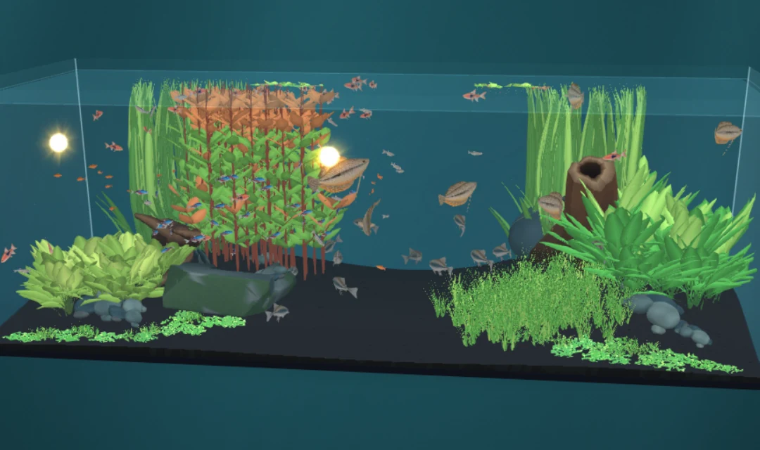 Fresh Fishopolis gameplay showing colorful fish swimming above black gravel in a densely planted aquarium.
